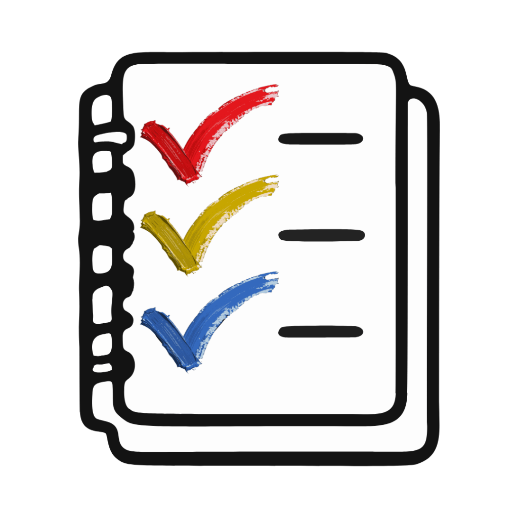 a notebook with three lines and a checkmark next to each line in red, yellow, and blue